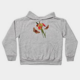 Botanical illustration an iris plant and a butterfly Kids Hoodie